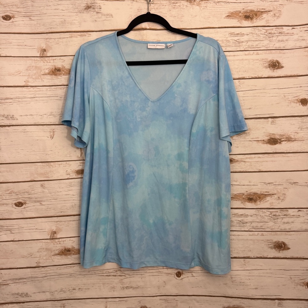 Susan Graver Blue Tie Dye Flutter Short Sleeve Blouse 1X